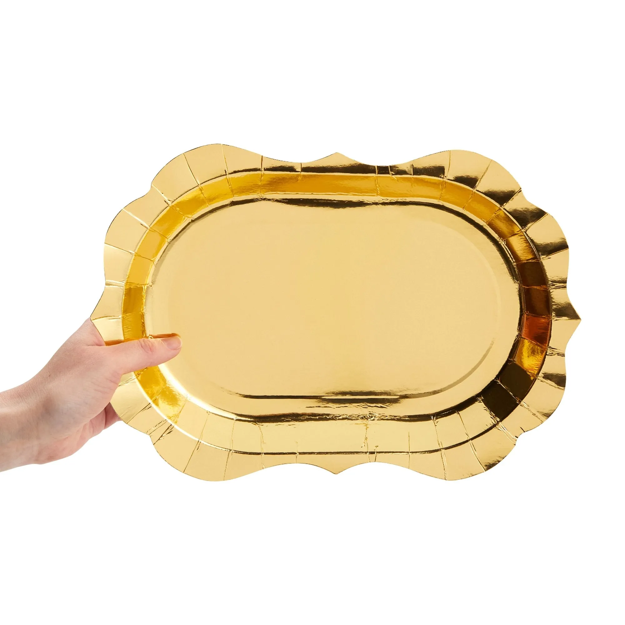 24 Pack Metallic Gold Foil Paper Serving Trays with Scalloped Edge (13 x 9 in)