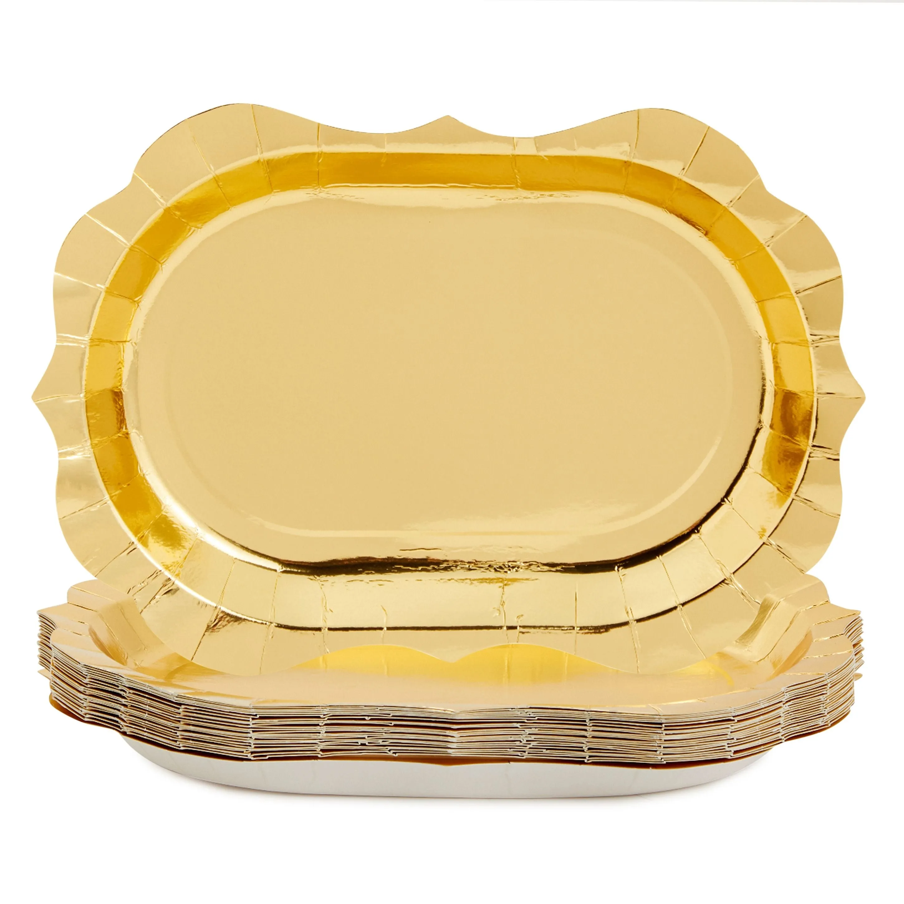 24 Pack Metallic Gold Foil Paper Serving Trays with Scalloped Edge (13 x 9 in)