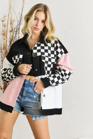 Adora Colorblock Corduroy Jacket With Checker Contrast In White Black And Pink