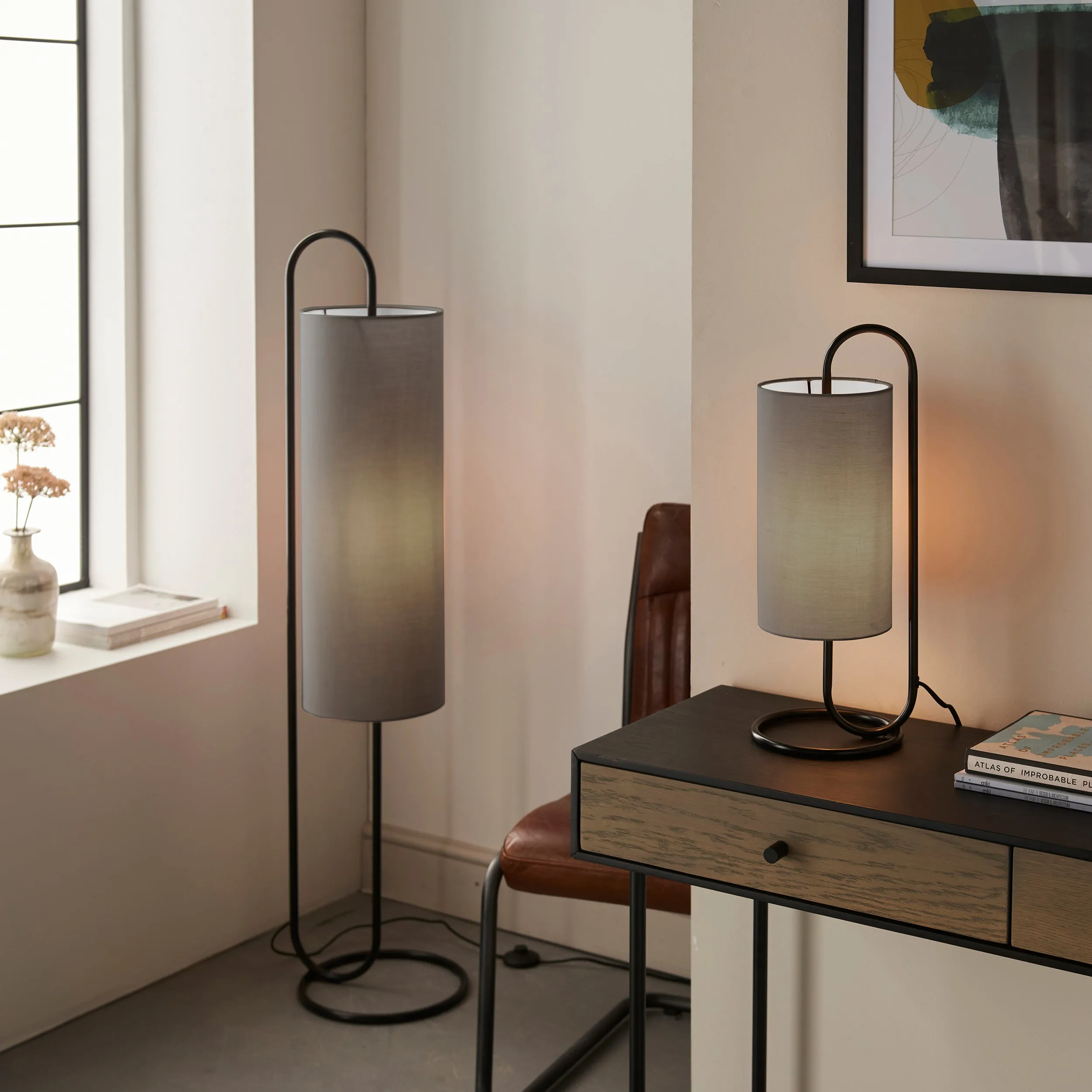 Amos Baluster Table Lamp Matt Black & Grey