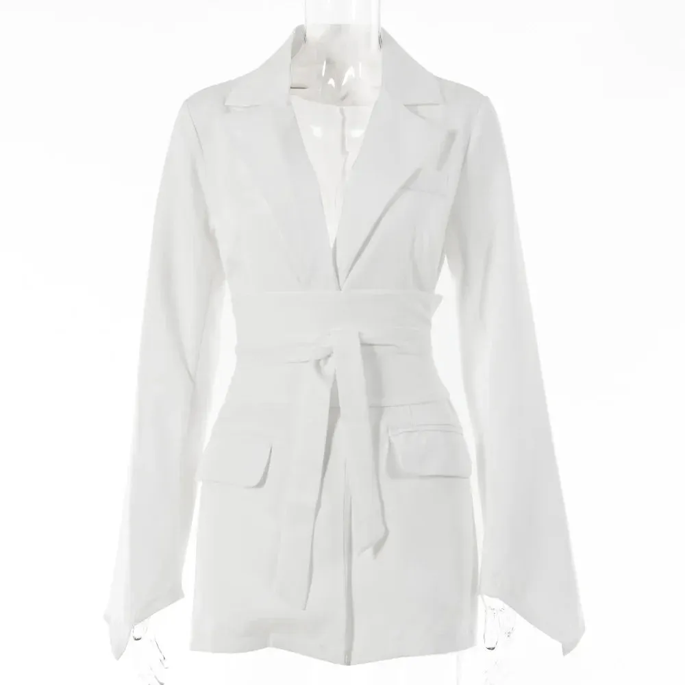 Flytonn 2022 Autumn Solid Long-sleeved Suit Jacket Lapel Sexy Straps Waist Cardigan Street Temperament Banquet Slim Women Top