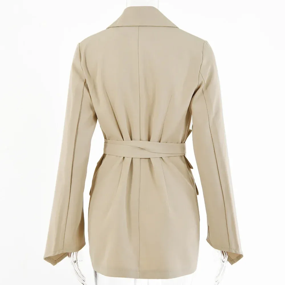 Flytonn 2022 Autumn Solid Long-sleeved Suit Jacket Lapel Sexy Straps Waist Cardigan Street Temperament Banquet Slim Women Top