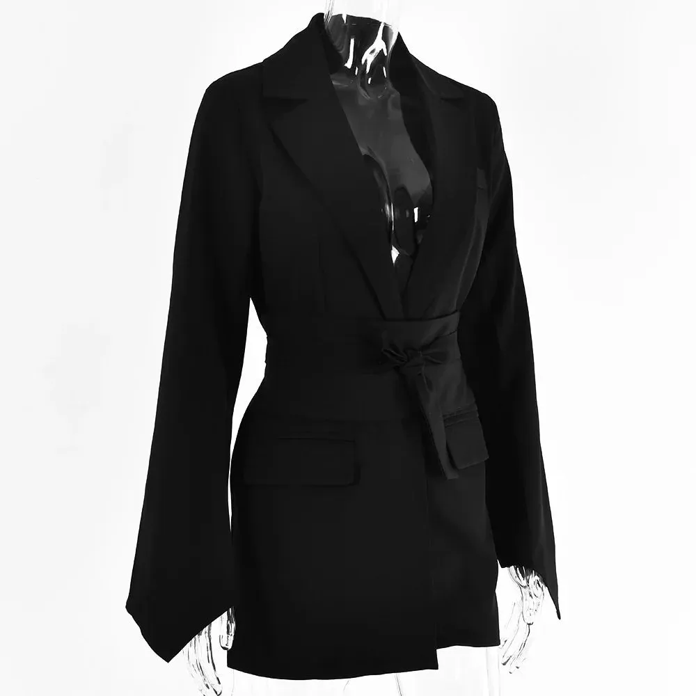 Flytonn 2022 Autumn Solid Long-sleeved Suit Jacket Lapel Sexy Straps Waist Cardigan Street Temperament Banquet Slim Women Top