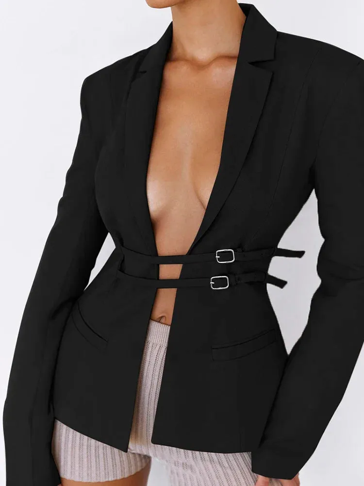 Flytonn Lace Up Snap Lapel Women Blazer Cuir Summer Sexy Cutout Pockets Long Sleeve Female Top Office Fashion Casual Black Blazer