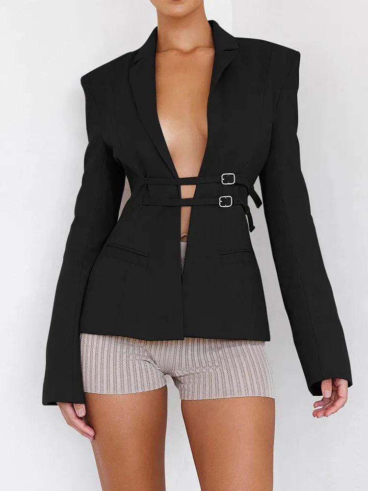 Flytonn Lace Up Snap Lapel Women Blazer Cuir Summer Sexy Cutout Pockets Long Sleeve Female Top Office Fashion Casual Black Blazer
