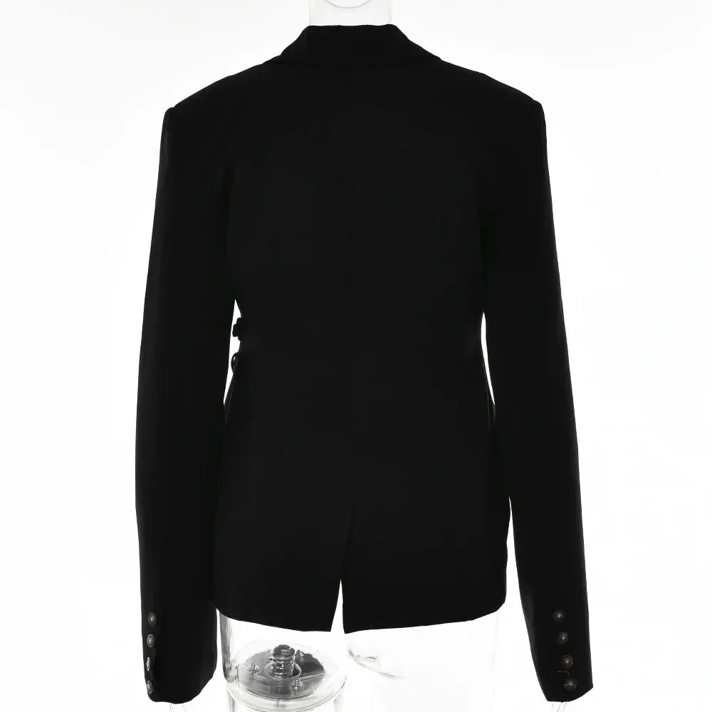 Flytonn Lace Up Snap Lapel Women Blazer Cuir Summer Sexy Cutout Pockets Long Sleeve Female Top Office Fashion Casual Black Blazer