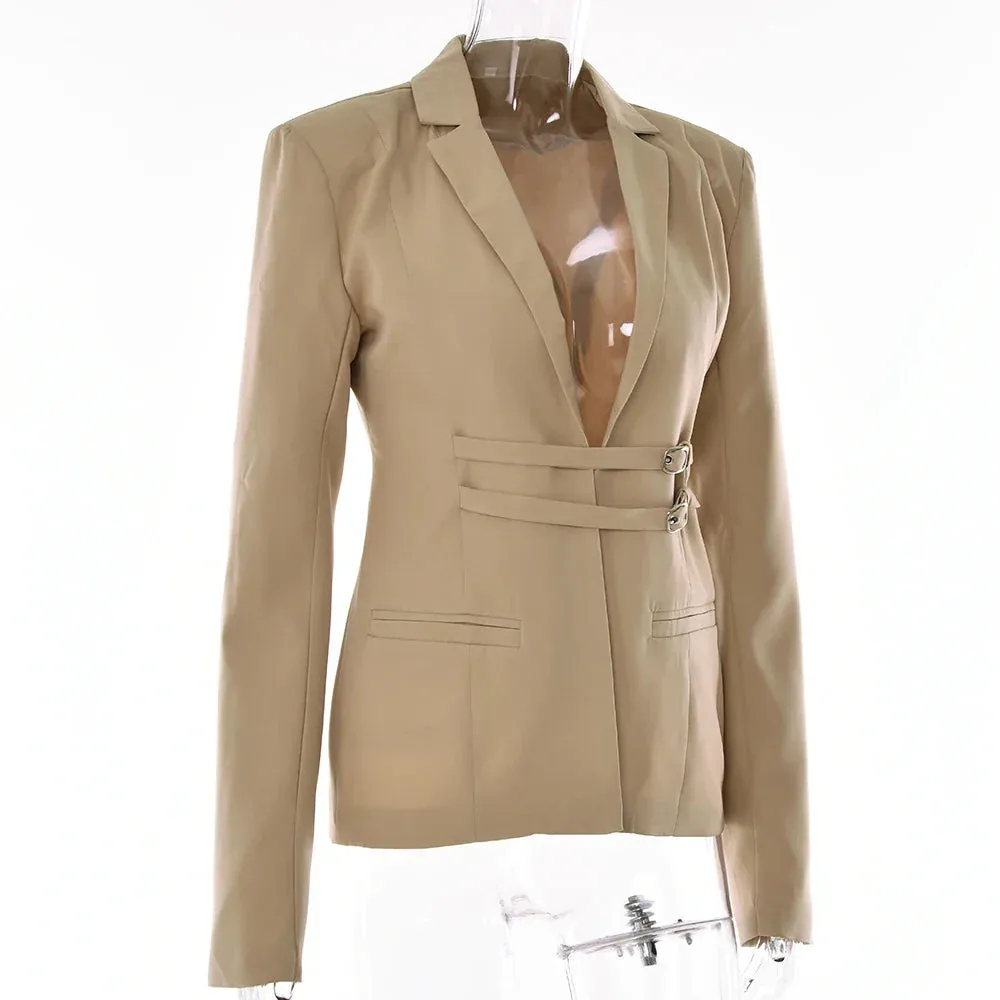 Flytonn Lace Up Snap Lapel Women Blazer Cuir Summer Sexy Cutout Pockets Long Sleeve Female Top Office Fashion Casual Black Blazer