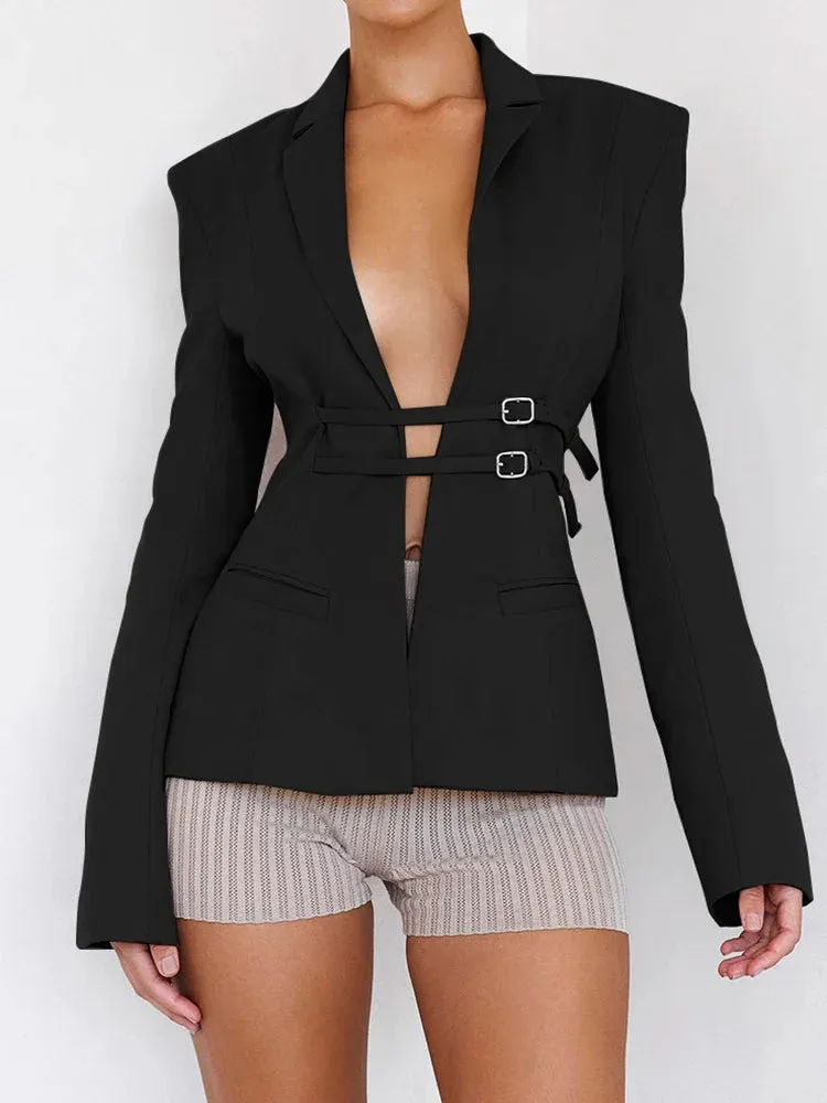 Flytonn Lace Up Snap Lapel Women Blazer Cuir Summer Sexy Cutout Pockets Long Sleeve Female Top Office Fashion Casual Black Blazer