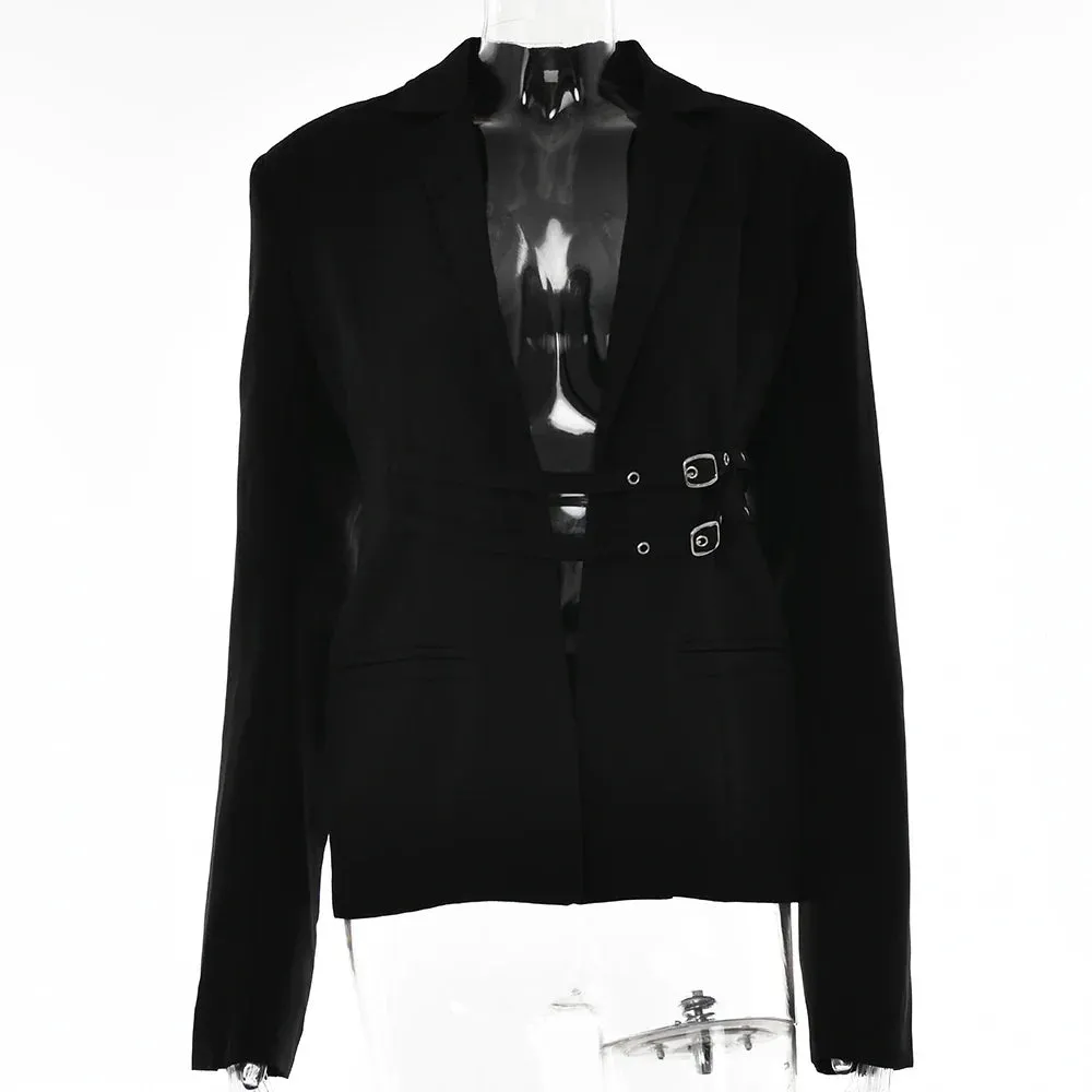 Flytonn Lace Up Snap Lapel Women Blazer Cuir Summer Sexy Cutout Pockets Long Sleeve Female Top Office Fashion Casual Black Blazer