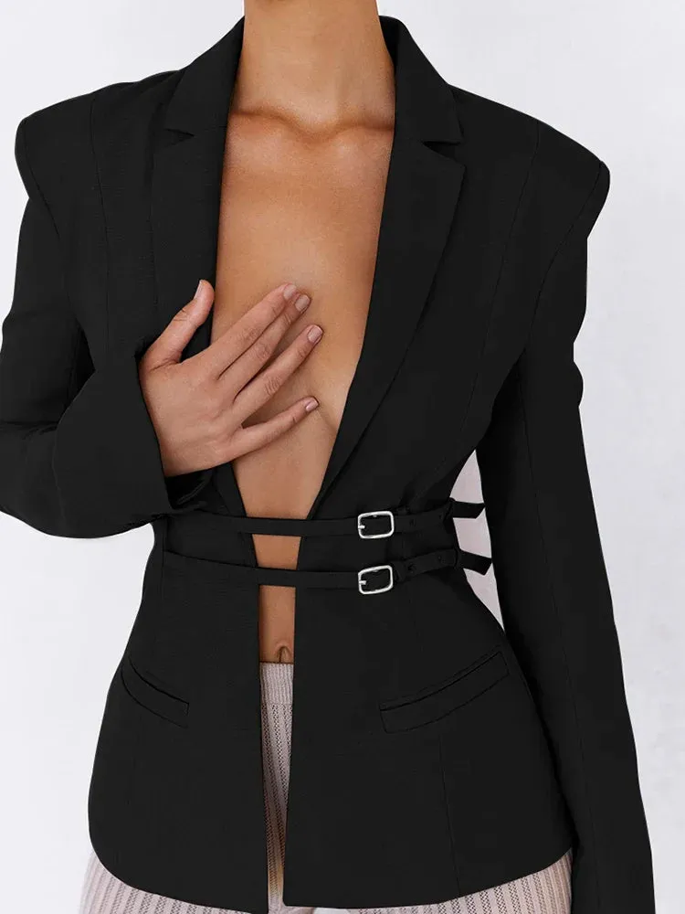 Flytonn Lace Up Snap Lapel Women Blazer Cuir Summer Sexy Cutout Pockets Long Sleeve Female Top Office Fashion Casual Black Blazer