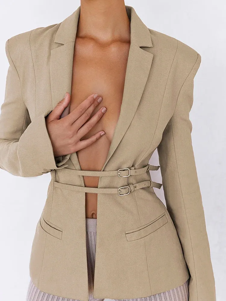 Flytonn Lace Up Snap Lapel Women Blazer Cuir Summer Sexy Cutout Pockets Long Sleeve Female Top Office Fashion Casual Black Blazer