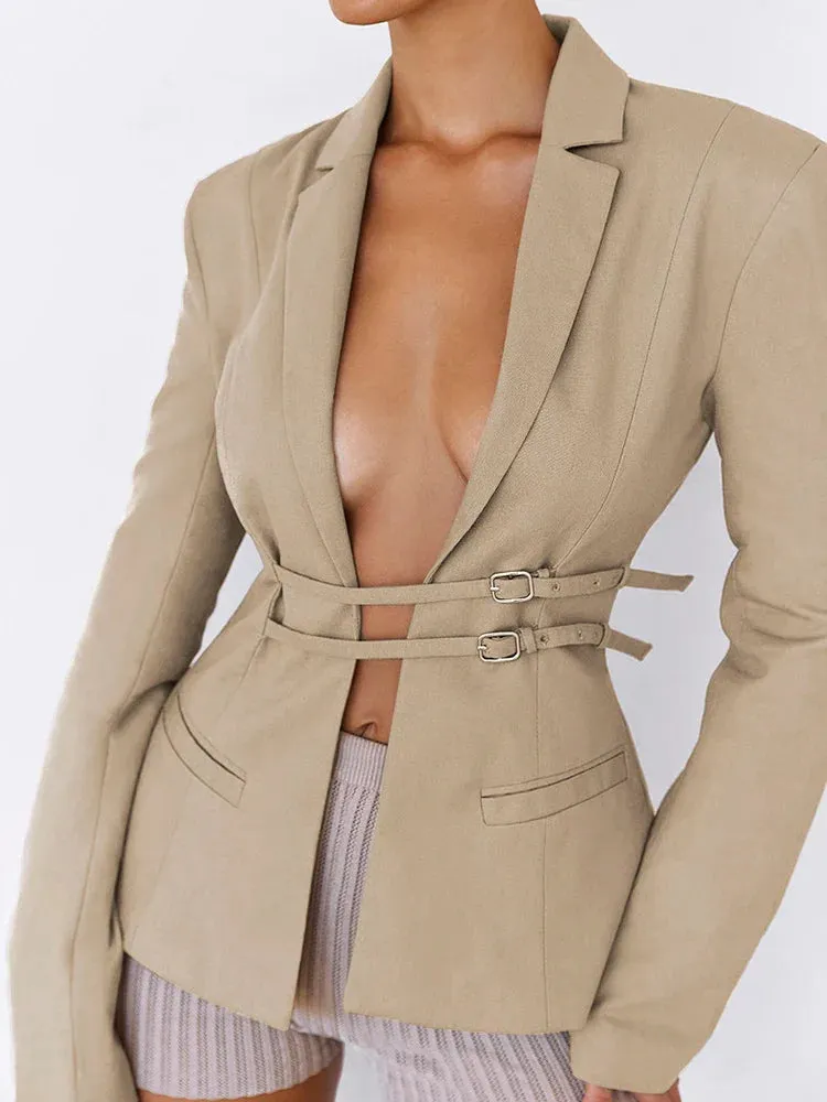 Flytonn Lace Up Snap Lapel Women Blazer Cuir Summer Sexy Cutout Pockets Long Sleeve Female Top Office Fashion Casual Black Blazer