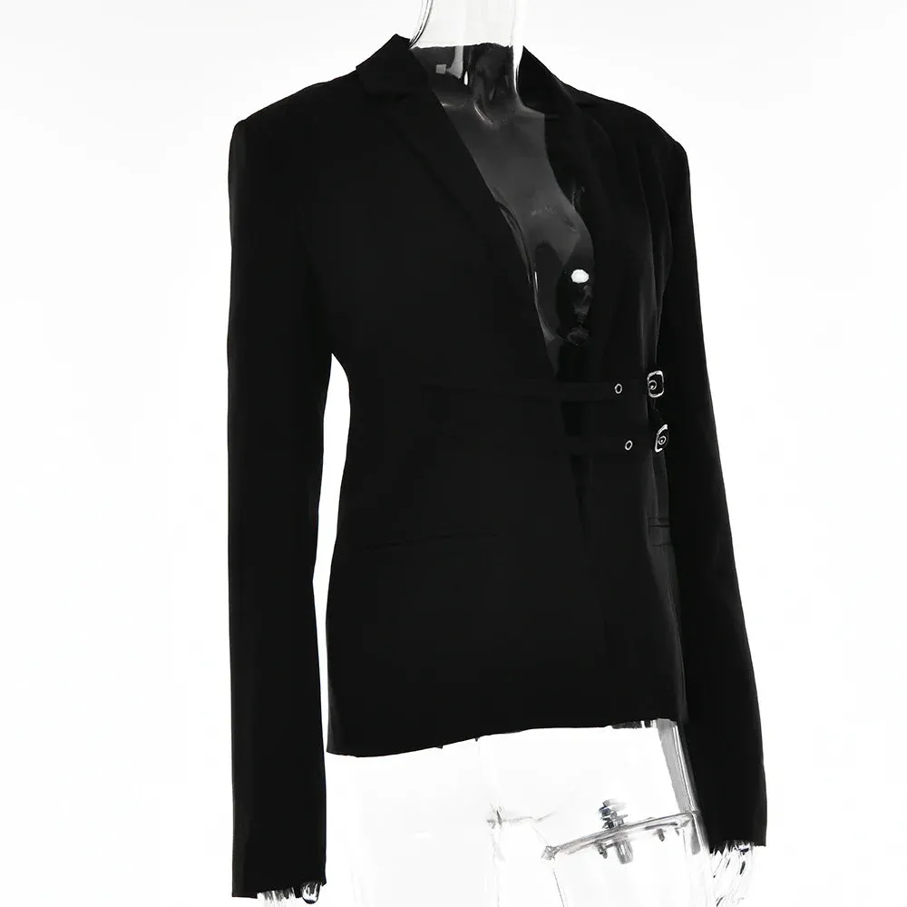 Flytonn Lace Up Snap Lapel Women Blazer Cuir Summer Sexy Cutout Pockets Long Sleeve Female Top Office Fashion Casual Black Blazer