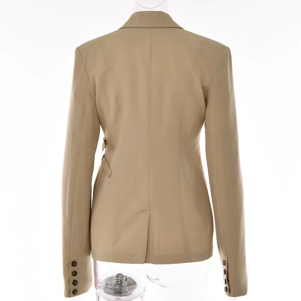 Flytonn Lace Up Snap Lapel Women Blazer Cuir Summer Sexy Cutout Pockets Long Sleeve Female Top Office Fashion Casual Black Blazer