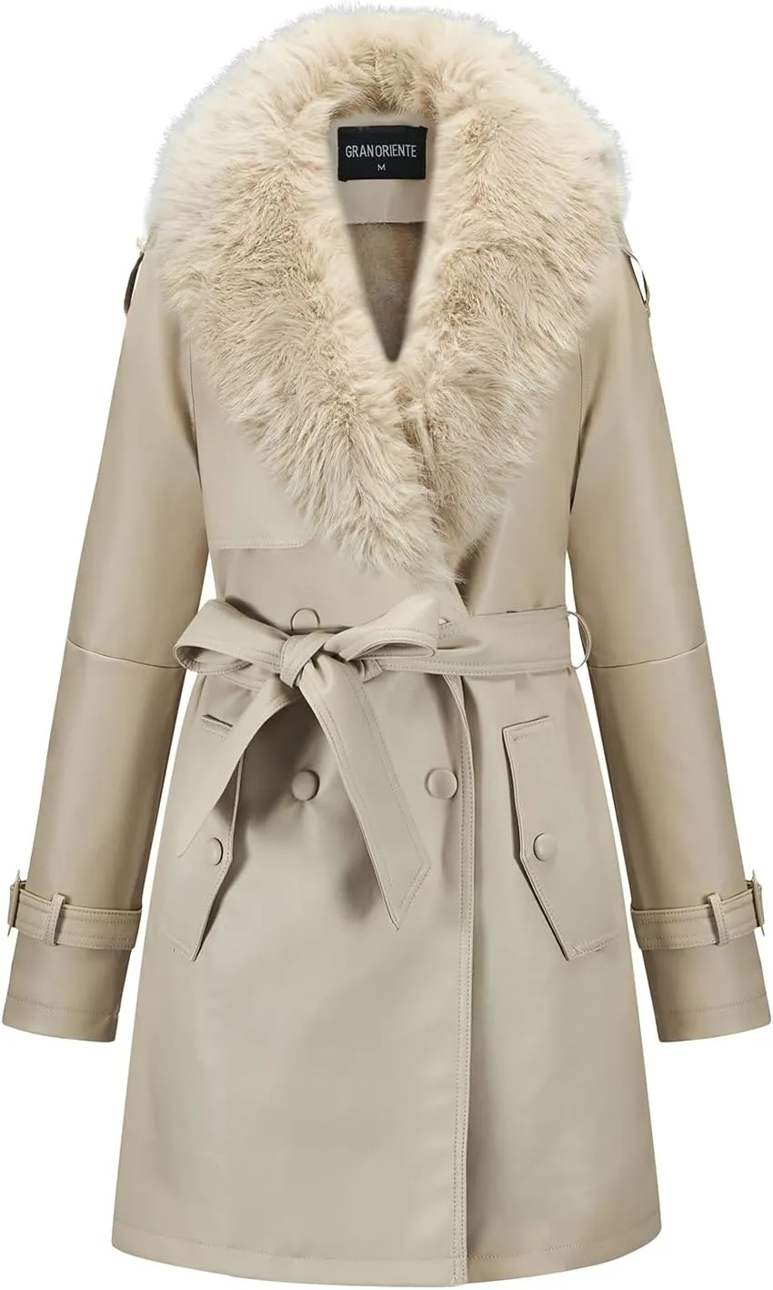 GRAN ORIENTE Women's Faux Leather Trench Coat Overcoat with Detachable Fur Collar,Winter Mid Length Pea Coat Belted Jacket