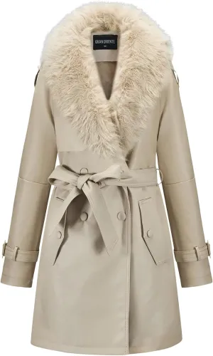GRAN ORIENTE Women's Faux Leather Trench Coat Overcoat with Detachable Fur Collar,Winter Mid Length Pea Coat Belted Jacket
