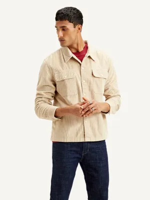 Men's Solid Beige Relaxed Fit Corduroy Shacket