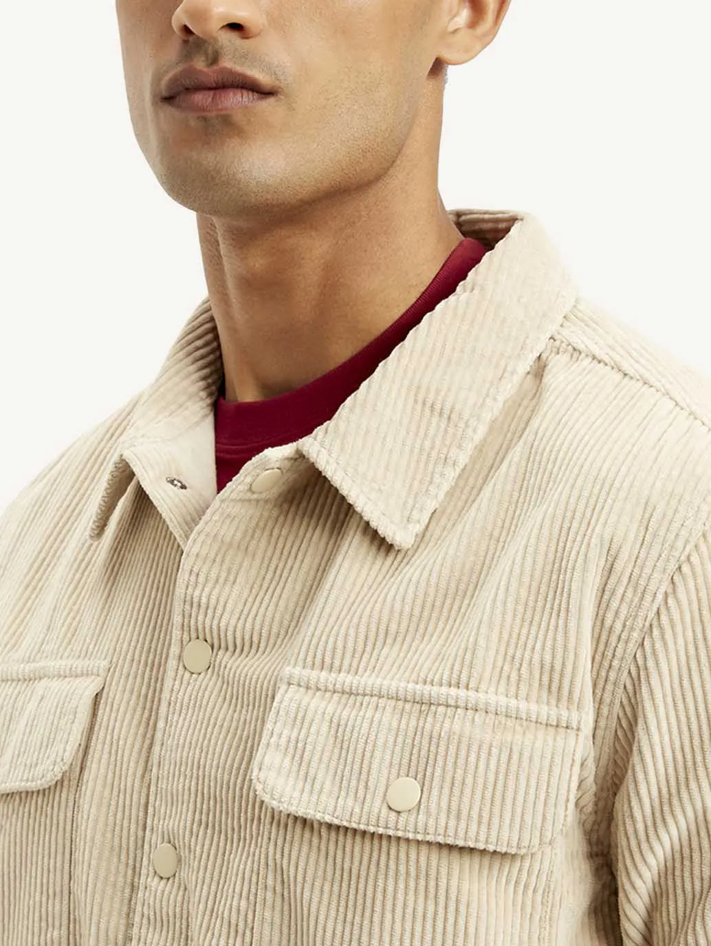 Men's Solid Beige Relaxed Fit Corduroy Shacket