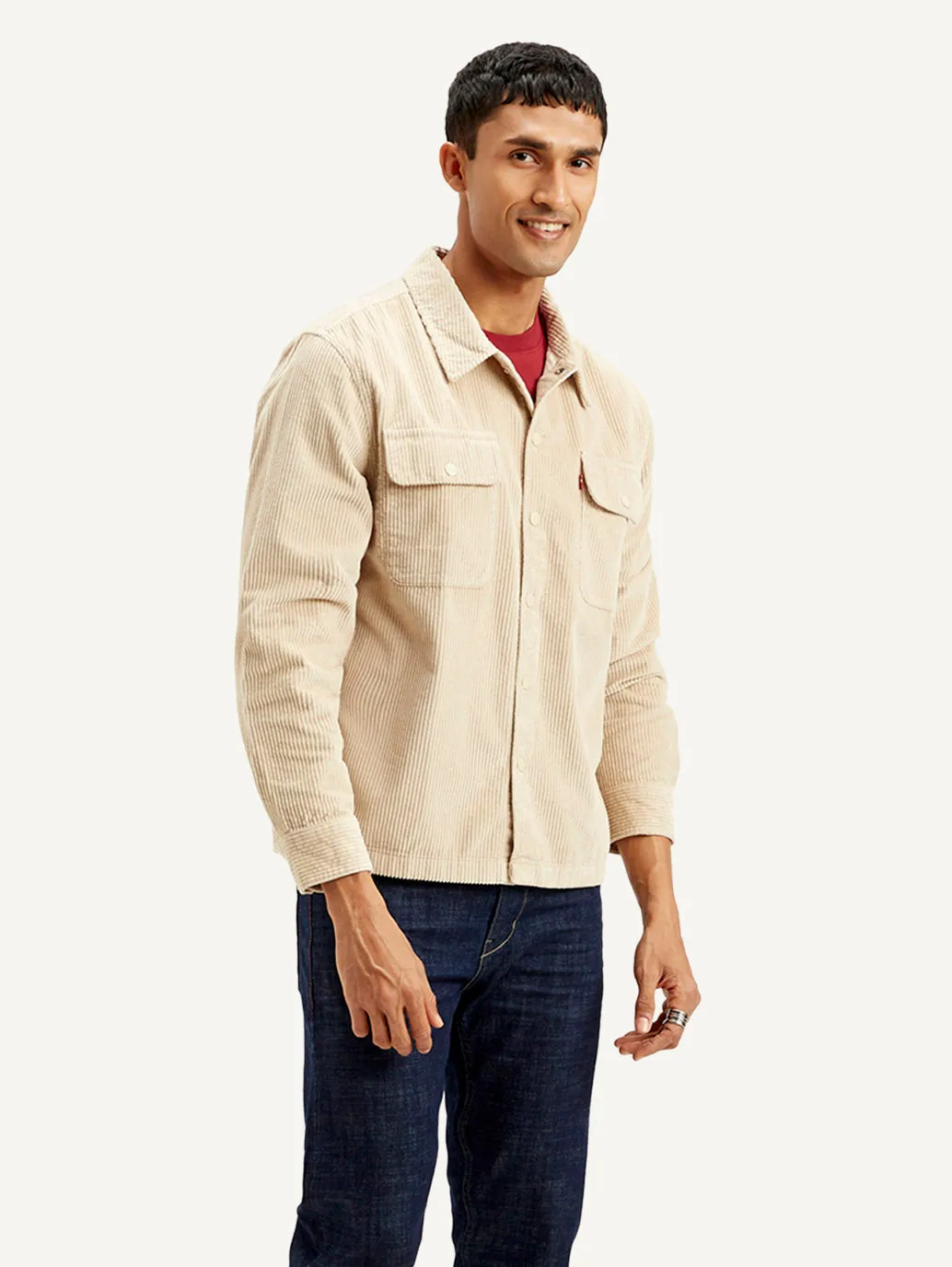 Men's Solid Beige Relaxed Fit Corduroy Shacket