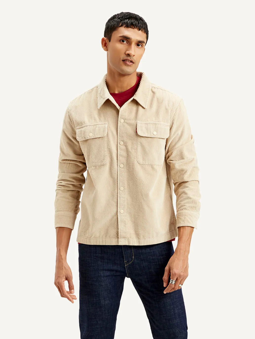 Men's Solid Beige Relaxed Fit Corduroy Shacket