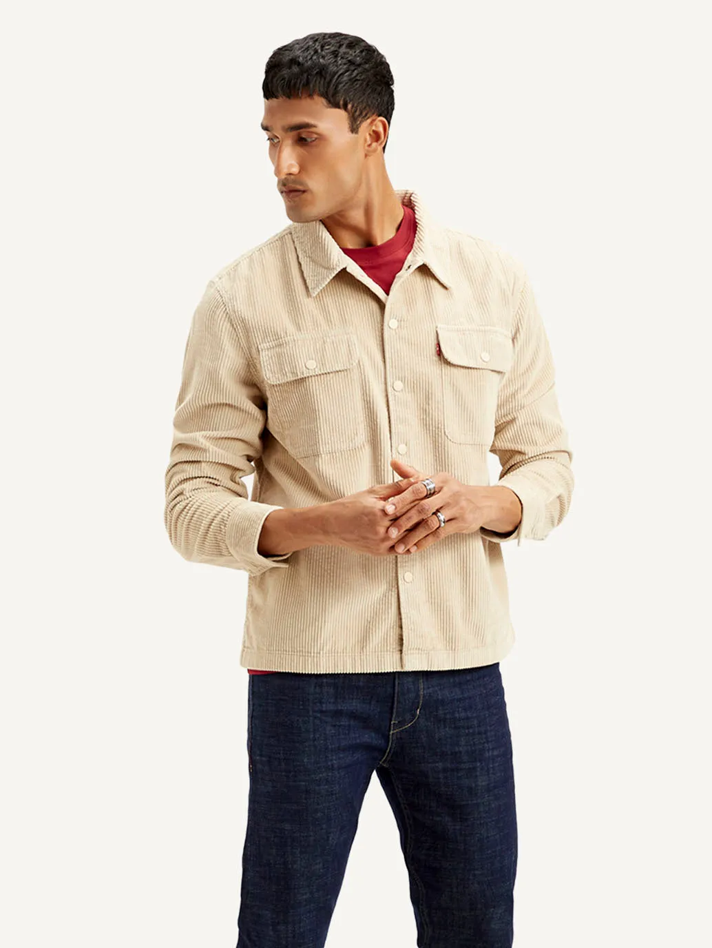 Men's Solid Beige Relaxed Fit Corduroy Shacket