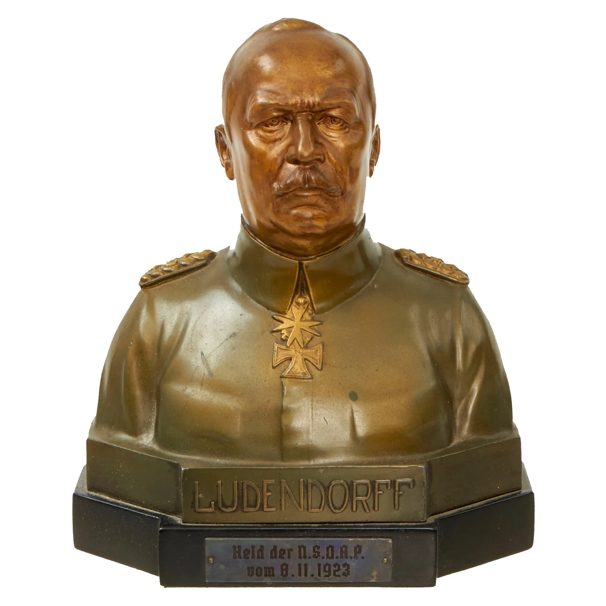Original German WWII Bronze Signed Bust of General Erich Ludendorff with Plaque Commemorating His Involvement in the 1923 Beer Hall Putsch Failed Coup