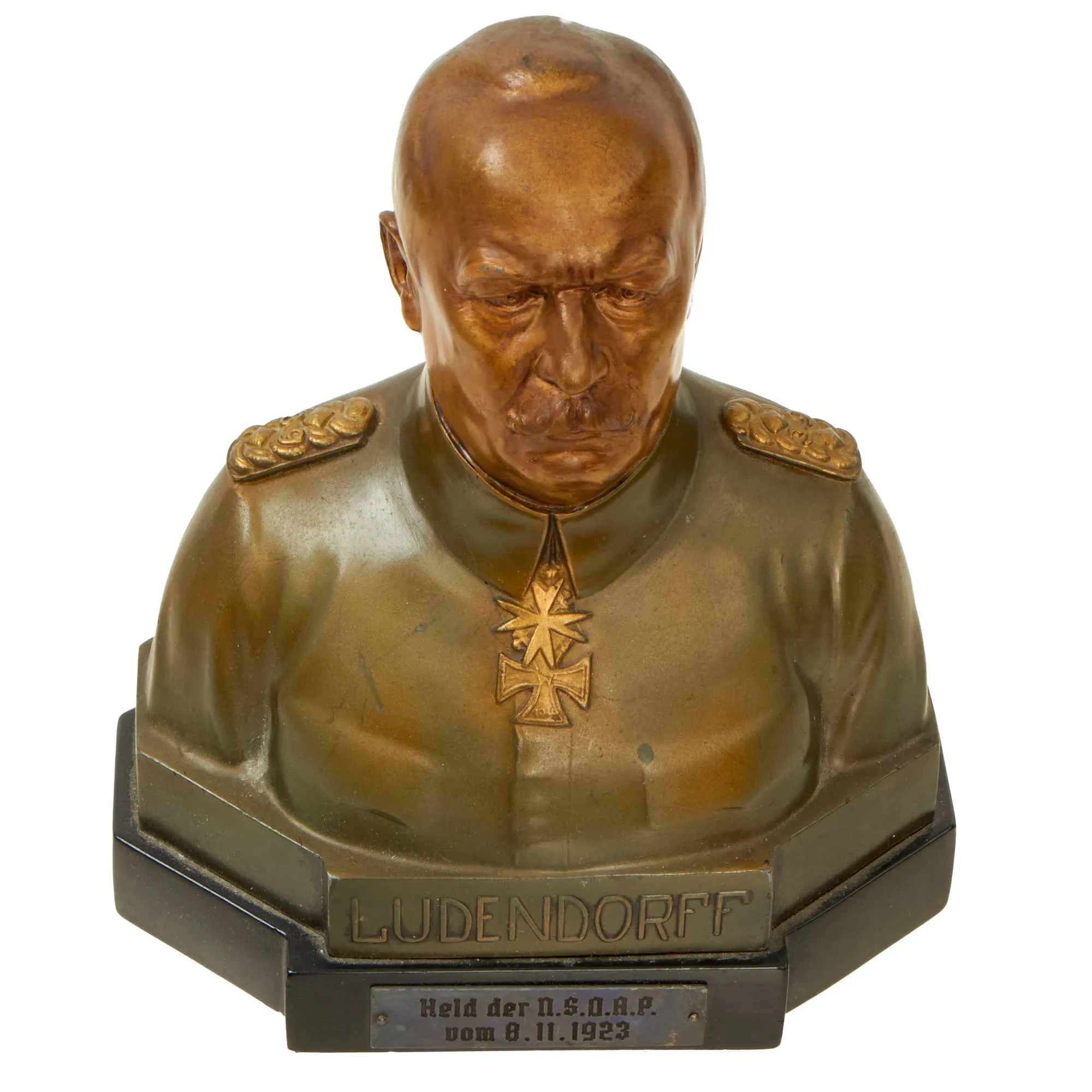 Original German WWII Bronze Signed Bust of General Erich Ludendorff with Plaque Commemorating His Involvement in the 1923 Beer Hall Putsch Failed Coup