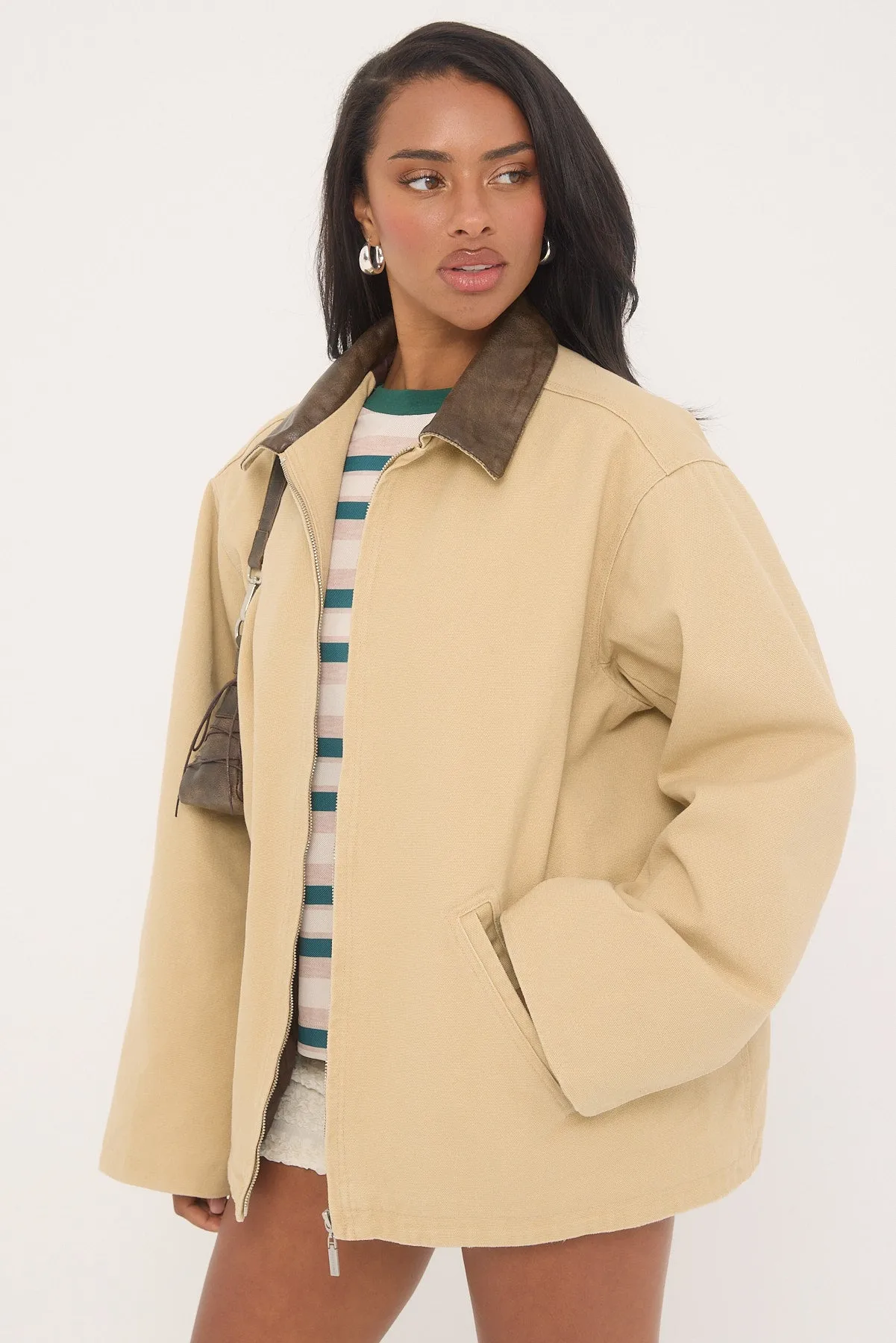 Perfect Stranger Barn Contrast Collar Jacket Stone