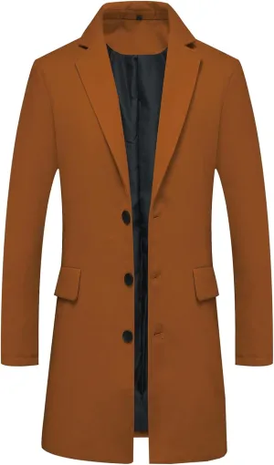 ThCreasa Mens Wool Blend Trench Coat Single Breasted Notch Lapel Walker Mid-Length Classic Pea Top Coat