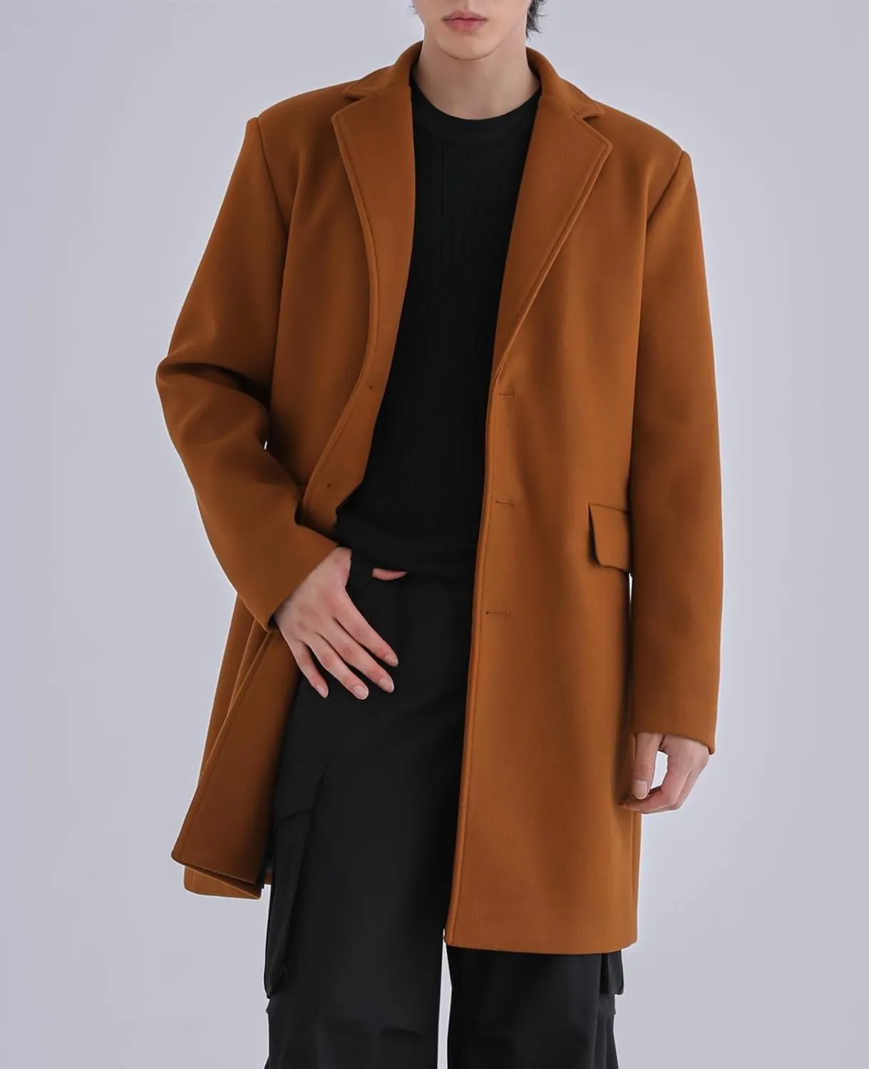 ThCreasa Mens Wool Blend Trench Coat Single Breasted Notch Lapel Walker Mid-Length Classic Pea Top Coat