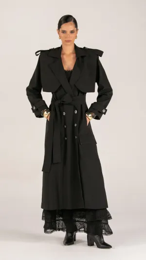 Trench Coat Longo com Sobreposio Preto