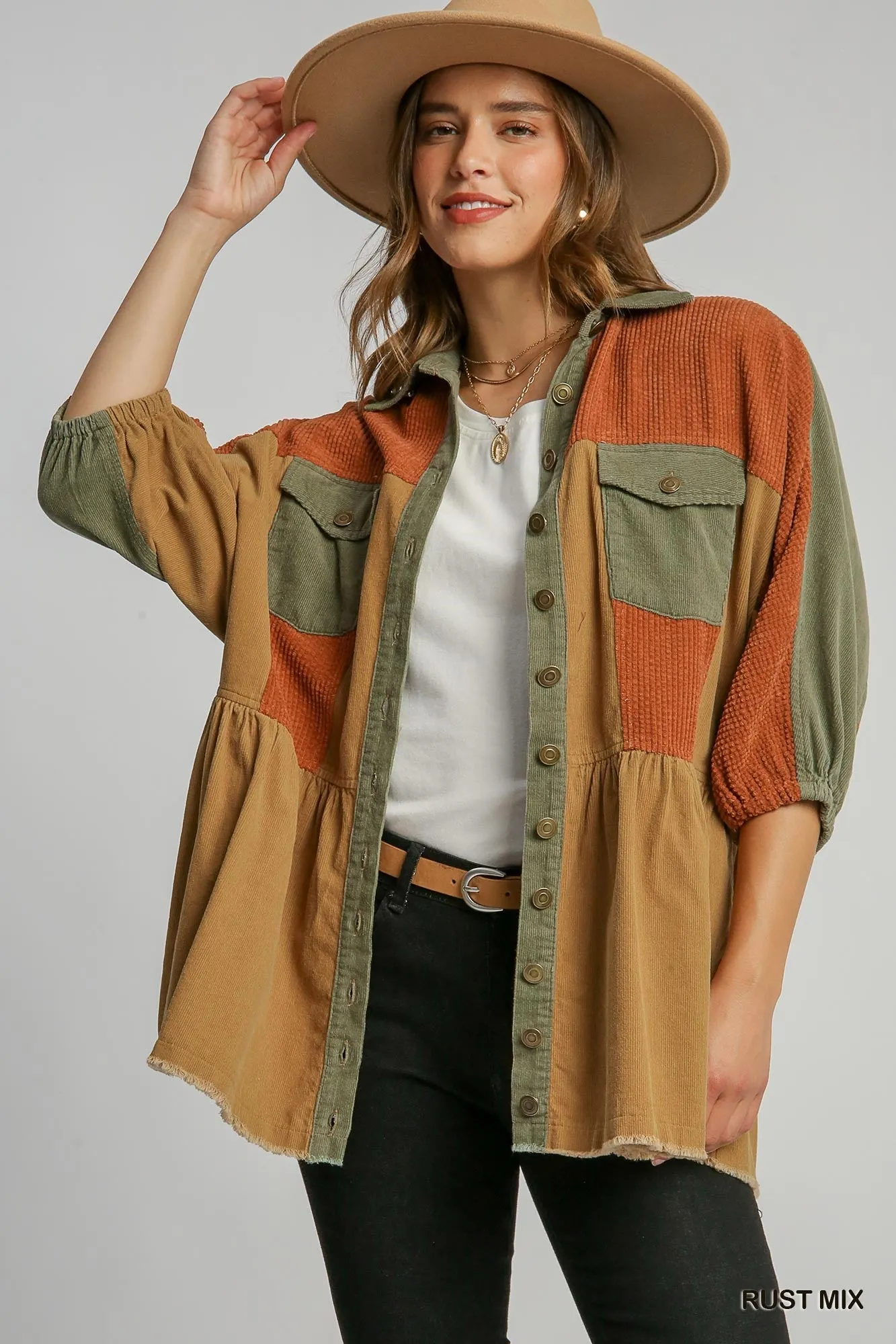 Umgee Corduroy Rust Color block Jacket With Front Pockets