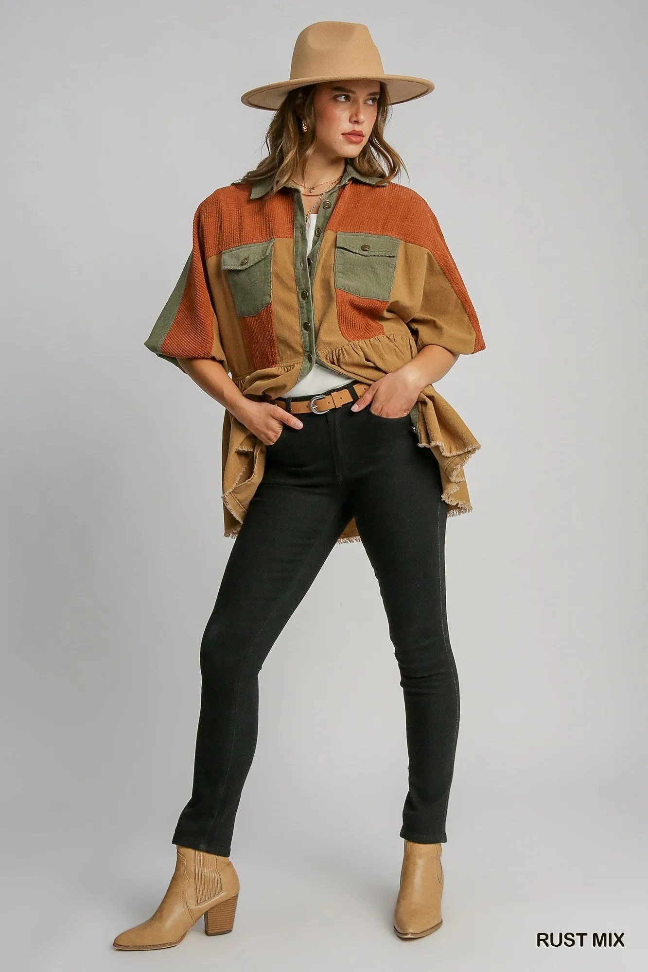 Umgee Corduroy Rust Color block Jacket With Front Pockets