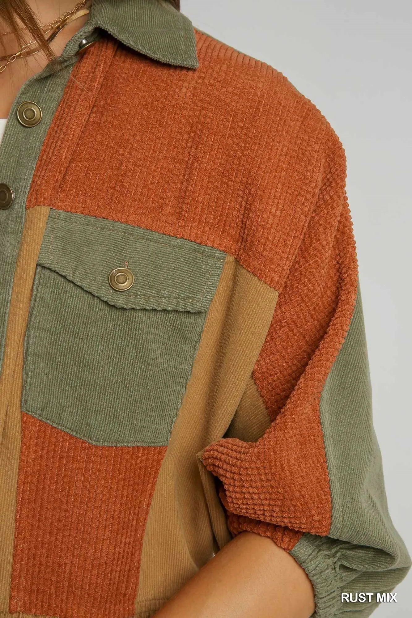 Umgee Corduroy Rust Color block Jacket With Front Pockets
