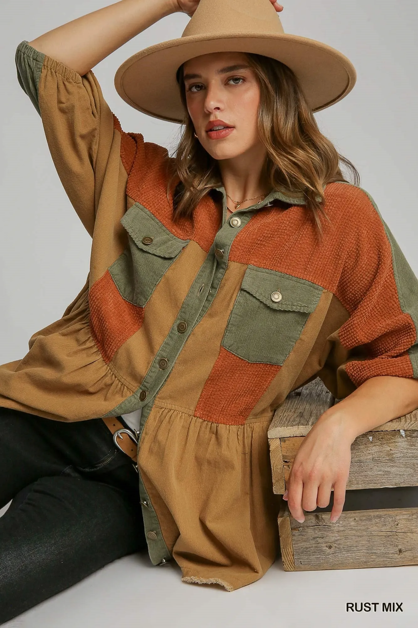 Umgee Corduroy Rust Color block Jacket With Front Pockets