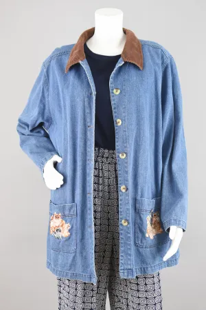 Vintage Jean Jacket with Embroidered Cats Motif, Women's Plus Size 1X